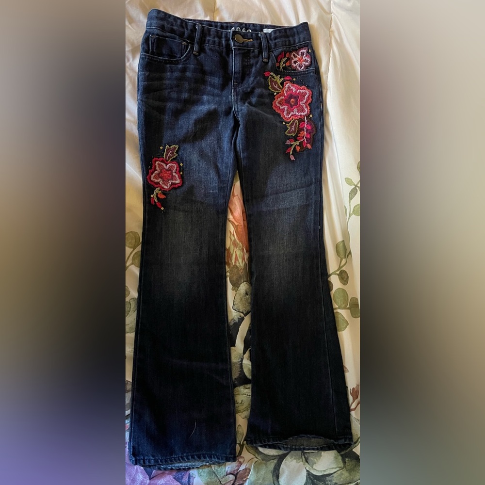 GAP 1969 Dark Blue Jeans with Pink Floral Embroidery & Beads Girls Size 8 Boot